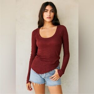 Free People We The Free Linen Blend Long Sleeve Raw Hem Tee